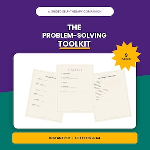 Könnte beinhalten: Ein digitales Dokument mit dem Titel The Problem-Solving Toolkit, ein Begleiter für geführte Selbsttherapie. Es enthält 9 Seiten mit Vorlagen für Thought Record, Five Steps To Solve It und Grounding & Coping Skills als sofortiger PDF-Download in A4 und US Letter.