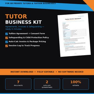 Puede incluir: Un kit de negocios para tutores digitales que incluye un documento de acuerdo de servicios de tutoría, una lista de elementos como una política de protección, factura automática y registro de sesiones. El gráfico muestra texto que incluye Tutor Business Kit, 7 documentos, 2 hojas de cálculo automáticas y 100% editable, con un esquema de colores negro, naranja y azul.