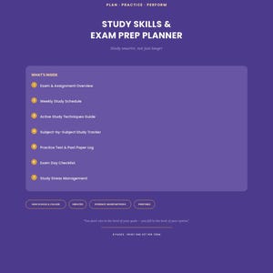 Puede incluir: Un planificador de estudios y preparación de exámenes de color morado con texto en blanco. El documento enumera siete secciones que incluyen resumen de exámenes, horario semanal, técnicas de estudio, seguimiento y 8 páginas.