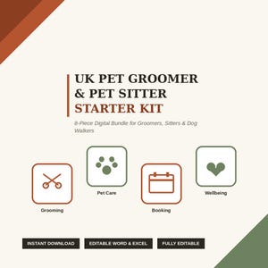 Könnte beinhalten: Ein digitales Starter-Kit für Tierpfleger und Tiersitter in Großbritannien, bestehend aus einem 8-teiligen Paket. Die Grafik zeigt Symbole für Pflege, Betreuung, Buchung und Wohlbefinden sowie Hinweise auf bearbeitbare Word- und Excel-Dateien.