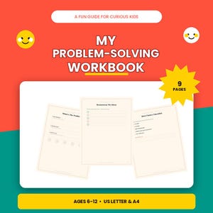 Op de afbeelding: Een 9-pagina tellend werkboek voor probleemoplossing voor kinderen met drie interne pagina's getiteld What's The Problem, Brainstorm My Ideas en Best Choice Checklist. De tekst luidt A Fun Guide For Curious Kids, My Problem-Solving Workbook, Ages 6-12, US Letter & A4.