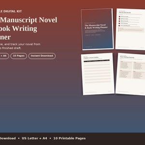 May include: A printable digital kit titled The Manuscript Novel & Book Writing Planner, featuring 10 pages in US Letter and A4 sizes. The document includes sections for planning, outlining, and tracking a novel from idea to finished draft.