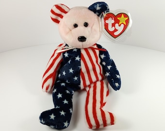 Oso Spangle de TY Beanie Babies de 1999 - Peluche de 21,5 cm (8,5 pulgadas) con diseño de bandera y relleno de bolitas de polietileno.