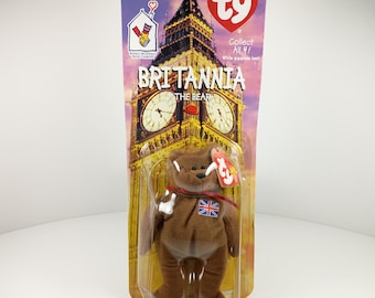 Peluche vintage de McDonald's de Britannia The Bear, TY Teenie Babies, años 90 (embalaje abollado y rayado).
