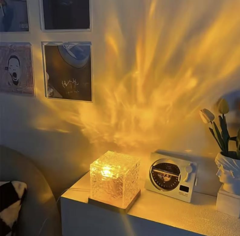 Lámpara de agua de cristal con ondas - Proyector de luz nocturna de 3/16 colores, cubo acrílico, luz giratoria USB para dormitorio y sala de estar