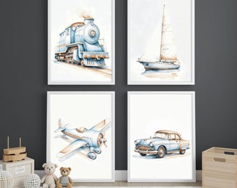 Arte murale con mezzi di trasporto d'epoca: Arte murale per la cameretta dei ragazzi (download digitale) Set di 4