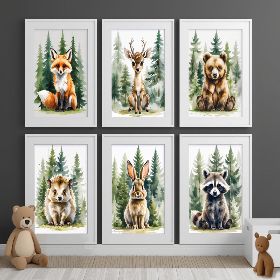 Printable Woodland Nursery Wall Art Set of 6, Cute Baby Animals Gallery ...
