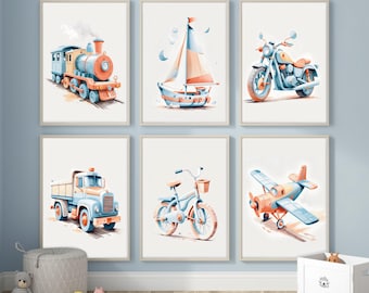 Planes Trains and Automobiles: Boy nursery wall art (Digital Download) Set of 6