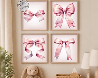 Zestaw 4 różowych kokardek, dekoracja ścienna do pokoju dziecięcego dla dziewczynki, prezent na baby shower dla dziewczynki, dekoracja pokoju dziewczynki, akwarelowe wstążki