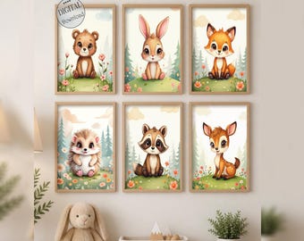 Woodland Creatures Nursery Prints Set of 6 | Gender Neutral Animal Wall Art | Toddler Room Decor