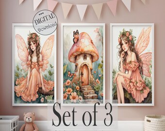Fairy Nursery Prints: Watercolor Fairies & Mushroom House (Digital Download)