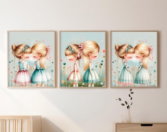 Little Girls Nursery Print Set: Friendship Art, Pastel Dresses (Digital Download)