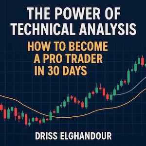 May include: Book cover with the title "THE POWER OF TECHNICAL ANALYSIS" in white letters. Below, "HOW TO BECOME A PRO TRADER IN 30 DAYS" is written in yellow. A stock chart graphic is displayed with green and red bars. The author's name, DRISS ELGHANDOUR, is at the bottom.