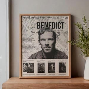 May include: A framed poster featuring Benedict Cumberbatch, with the text "PRIMETIME EMMY AWARD WINNER" above his name. Below are images from "Doctor Strange," "Sherlock," "The Imitation Game," and "The Power of the Dog."