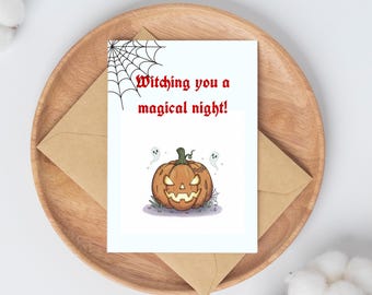 Funny Pumpkin Halloween Card - Witching You a Magical Night - Printable Greeting