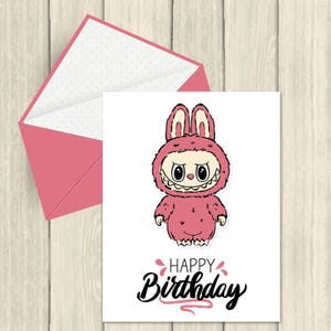Funny Labubu Birthday Card – Kawaii Pink Bunny Monster Printable – Cute Meme Greeting for Friends – Digital Download