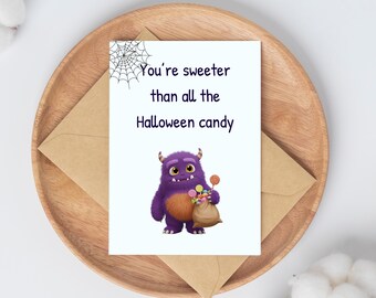 Monster Halloween Card – Candy Greeting, Kids Party Invite (Digital Download)