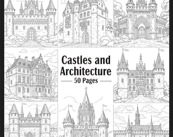 May include: A black and white coloring book titled "Castles and Architecture" with 50 pages. The cover features detailed line drawings of various castle designs, showcasing architectural styles with turrets, towers, and arched entrances.
