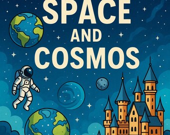 May include: A vibrant illustration with the words "SPACE AND COSMOS" against a dark blue background. The image features planets, stars, a galaxy, an astronaut, and a castle, all in a cartoon style.