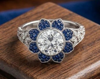 Vintage Blue Sapphire Flower Engagement Ring White Gold, Antique Art Deco Diamond Ring For Women, Unique Floral Halo Target Ring Silver