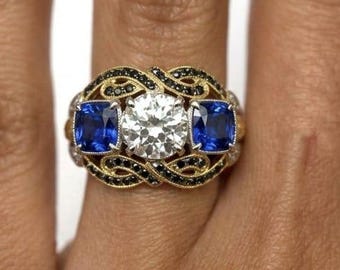 Vintage Three Stone Sapphire Engagement Ring Yellow Gold, Antique Round Diamond Ring for Women, Unique Black Diamond Filigree Band Silver