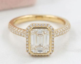 Vintage Emerald Cut Moissanite Engagement Ring Yellow Gold, Antique Diamond Halo Ring for Women, Unique Bezel Multi Row Pave Band Silver
