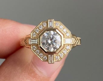 Vintage Round Cut Moissanite Engagement Ring Yellow Gold, Antique Art Deco Octagon Halo Ring for Women, Unique Bezel Baguette Band Silver