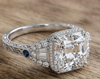 Vintage Cushion Cut Moissanite Engagement Ring White Gold, Art Deco Diamond Halo Ring for Women, Antique Baguette Sapphire Band Silver