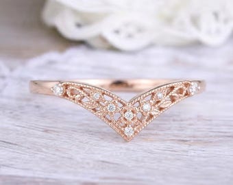 Vintage Chevron Moissanite Wedding Band Rose Gold, Antique Curved Diamond Ring For Women, Unique Floral Leaf Filigree V Shaped Band Silver