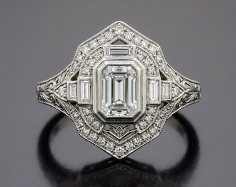 Vintage Emerald Cut Moissanite Engagement Ring White Gold, Antique Art Deco Shield Halo Ring For Women, Unique Bezel Baguette Band Silver