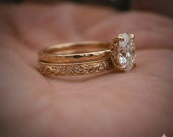 Vintage Oval Cut Diamond Wedding Ring Set Yellow Gold, Antique Engraved Bridal Set For Women, Unique Hammered Ring, Filigree Ring Silver