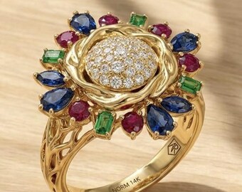 14K Gold Multi Gemstone Flower Ring, Unique Sapphire Ruby Emerald Statement Ring For Women, Diamond Pave Cocktail Ring, Vintage Floral Band