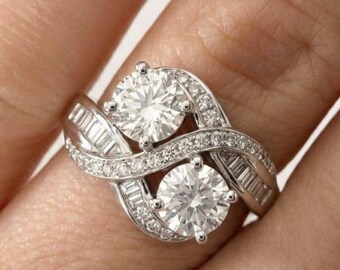 Two Stone Moissanite Engagement Ring White Gold, Toi Et Moi Ring For Women, Unique Round Cut Diamond Ring, Vintage Baguette Swirl Band
