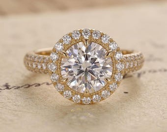 Vintage Round Cut Moissanite Engagement Ring Yellow Gold, Antique Diamond Halo Ring for Women, Unique Multi Row Pave Band Silver