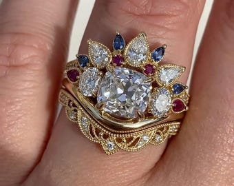 Vintage Cushion Moissanite Crown Ring Set Yellow Gold, Antique Ruby Sapphire Tiara Ring For Women, Unique Filigree Curved Band Silver