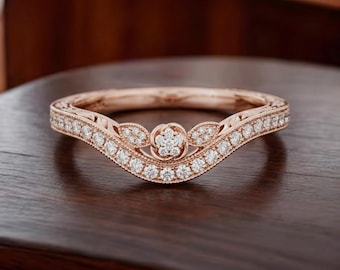Vintage Curved Diamond Wedding Band Rose Gold, Antique Flower Moissanite Ring For Women, Unique Floral Leaf Milgrain Scroll Band Silver
