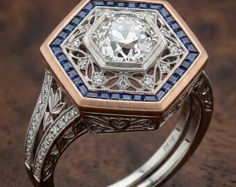 Art Deco Hexagon Sapphire Engagement Ring, Vintage Two Tone Gold Halo Diamond Ring For Women, Unique Geometric Filigree Bridal Set Silver