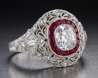Edwardian Cushion Cut Diamond Ring White Gold, Vintage Ruby Halo Engagement Ring for Women, Antique Fan Filigree Cocktail Ring Silver