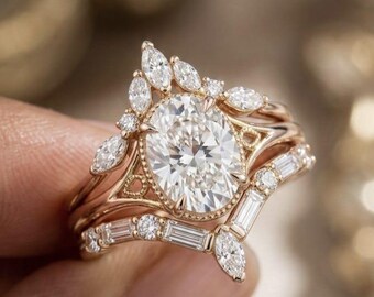 Oval Moissanite Wedding Ring Set Rose Gold, Unique Vintage Marquise Bridal Set For Women, Baguette Chevron Wedding Band, Boho Tiara Ring