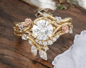 Nature Inspired Rose Flower Wedding Ring Set Yellow Gold, Round Moissanite Bridal Set for Women, Unique Floral Twig Branch Band Silver