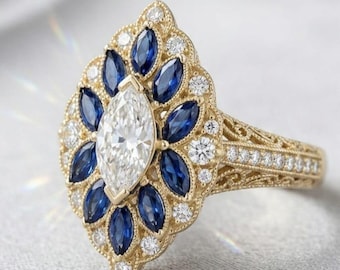 Vintage Marquise Diamond Sapphire Engagement Ring Yellow Gold, Antique Art Deco Cluster Ring for Women, Unique Navette Filigree Band Silver