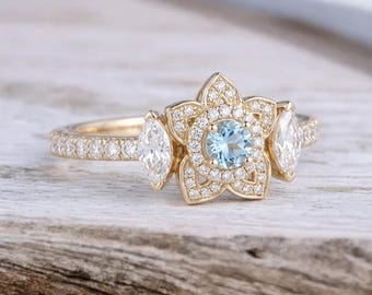 Vintage Aquamarine Flower Engagement Ring Yellow Gold, Antique Nature Inspired Diamond Halo Ring For Women, Unique Marquise Three Stone Band