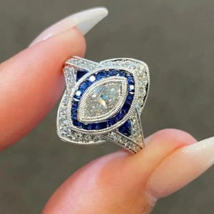 Bague de fiançailles de mariage cible vintage rétro emblématique de 2,10 ct de diamants taille marquise des années 1890 en argent 935 Art déco bague bague halo de lunette