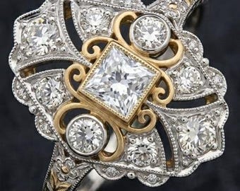 Vintage Edwardian Princess Cut Diamond Ring, Two Tone Gold Antique Style Engagement Ring, Unique Milgrain Statement Ring, Victorian Silver