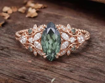 Vintage Marquise Green Sapphire Engagement Ring Rose Gold, Antique Nature Inspired Flower Ring for Women, Unique Boho Leaf Twig Band Silver