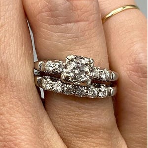 1890s Vintage 1.00 Ct Art Deco Round Cut Diamond Wedding Engagement Ring Set In 935 Argentum Silver Fine Estate Ring Set Antique Bridal Set