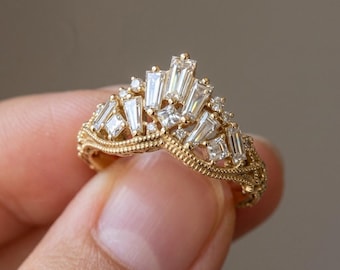 Vintage Baguette Diamond Tiara Wedding Band Yellow Gold, Antique Curved Crown Ring For Women, Unique Chevron Art Deco Stacking Band Silver