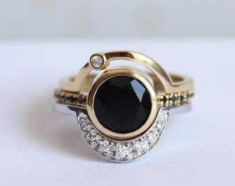 Vintage Round Black Diamond Ring Set Yellow Gold, Modern Geometric Bezel Engagement Ring, Unique Curved Stacking Band Two Tone Silver