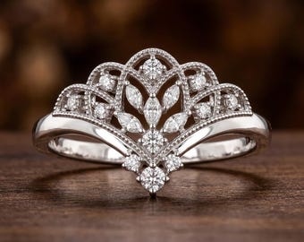Vintage Marquise Diamond Tiara Wedding Band White Gold, Antique Curved Crown Ring for Women, Unique Chevron Art Deco Filigree Band Silver