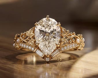 Vintage Pear Cut Moissanite Engagement Ring Yellow Gold, Antique Nature Inspired Leaf Ring for Women, Unique Boho Pearl Chevron Band Silver